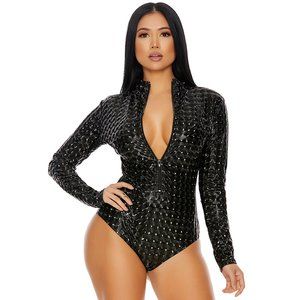 Long Sleeve Hologram Bodysuit with Zipper Front Black